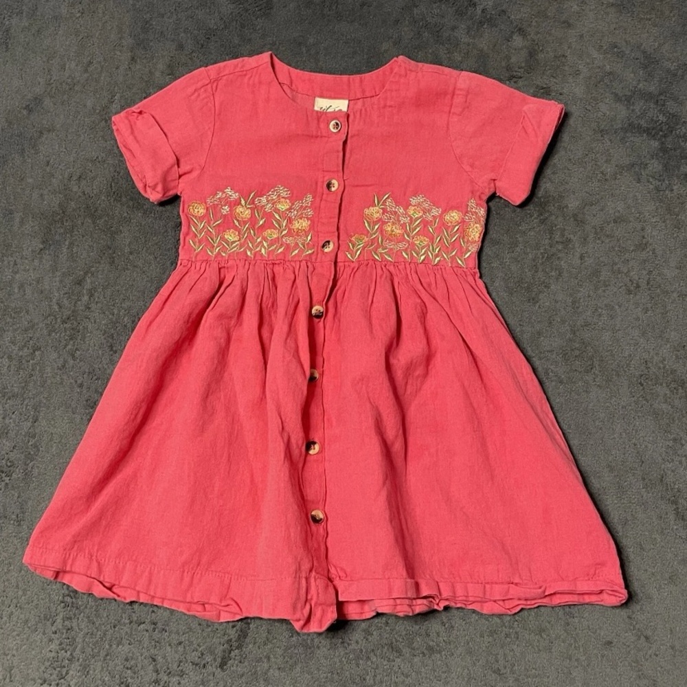 Utsa Kids Dress Girls 3/4 Yrs Pink Linen Blend Button Up Floral Embroidered Boho
